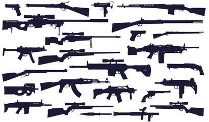 Big set of silhouettes of 24 firearms. Pistols, rifles, shotguns, small-caliber weapons and even a grenade launcher in one place. - obrazy, fototapety, plakaty