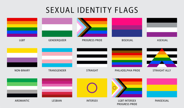 LGBT sexual identity pride flags collection. Rainbow lesbian gay bisexual transgender non binary.
