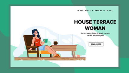 house terrace woman vector. summer home, garden patio, relax sunset house terrace woman character. people flat cartoon illustration