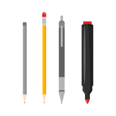 School and office supplies, brush marker and sharpened pencils. Vector illustration colored plastic workspace tools set