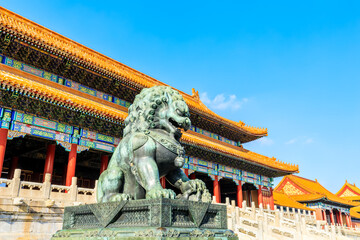 Bronze lion at the Forbidden City, Beijing, China. Chinese cultural symbols.
