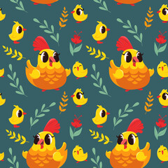 Seamless pattern with cute chickens, hens and plants on green background. Funny yellow chickens. Vector illustration.