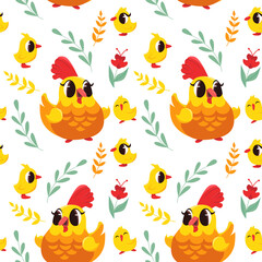 Seamless pattern with cute chickens, hens and plants on white background. Funny yellow chickens. Vector illustration.