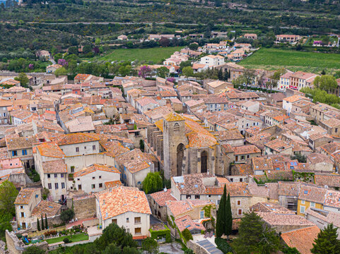 Aerial view of Lagrasse medieval city, Aude, Occitanie. the city is built along the river Orbieu