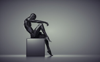 Man made of polygons posing on a cube.