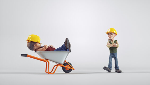 Worker sleeping in a wheelbarrow while his boss sees him.