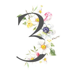 Watercolor Spring Easter Floral Number - digit 3 with flowers. Floral number element for invitation, easter greetings, baby shower, birthday, table number,digital invite, wedding, party