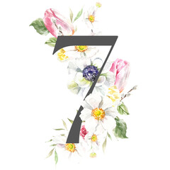 Watercolor Spring Easter Floral Number - digit 7 with flowers. Floral number element for invitation, easter greetings, baby shower, birthday, table number,digital invite, wedding, party