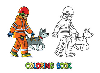 Rescuer with cadaver dog. Lifeguard. Coloring book