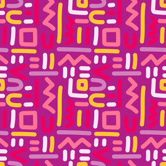 Hand drawn creative shapes seamless pattern on pink background. Diffirent lines ornament.