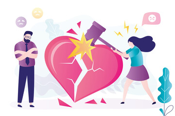 Fototapeta premium Unhappy woman with hammer breaks big heart into many pieces. Female character breaks up with boyfriend. Guy sad because of relationship breakup. Couple divorcing due to conflicts.