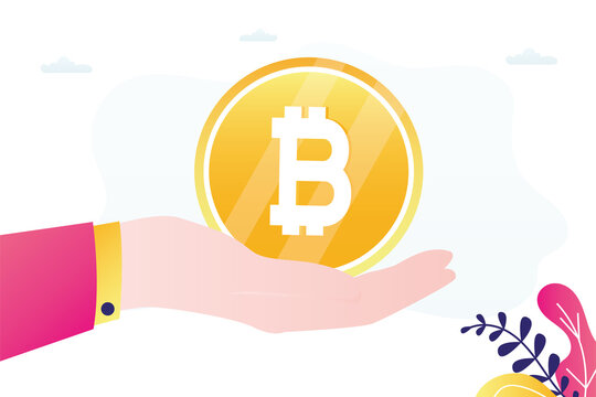 Big hand holding bitcoin. Investments in cryptocurrencies. Blockchain technologies. The investor bought crypto currency, strategy for growth of bitcoin rate.