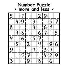 Sudoku with more and less math symbols vector illustration. Black and white number puzzle for kids. Unusual sudoku game 9 by 9 printable activity page