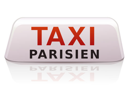 White Parisian taxi sign with written in French "Taxi parisien" in red and black writing isolated on a white background