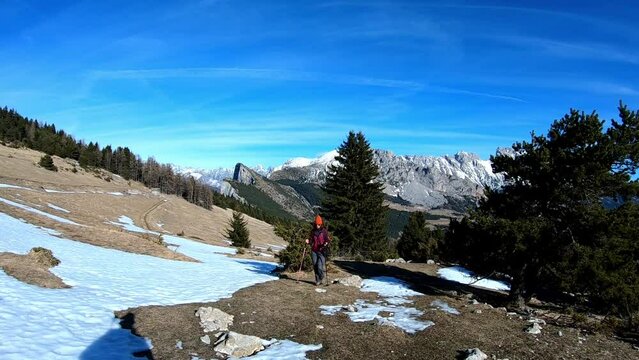 standing shot of a young caucasian woman hiking with hand sticks. snowy landscape.
Location : D&eacute;voluy, Hautes Alpes, France, Alps
February 2022