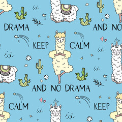 Keep calm, No Drama Llama, seamless pattern. Cute Fashion Lama animal in various pose. Quote doodle drawing texture background. Scandinavian style design. © Marina