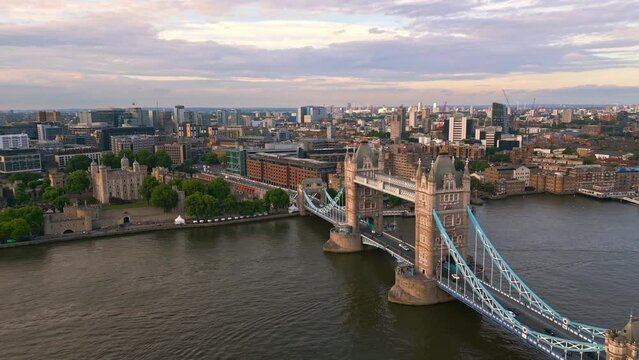 Aerial view over Tower Bridge and River Thames in London at sunset - travel photography