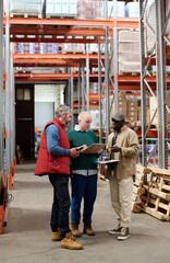Warehouse workers discussing shipping with supervisor during their work in warehouse