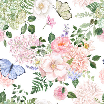Botanical seamless pattern with watercolor spring flowers, greenery, and butterflies, isolated on white background.