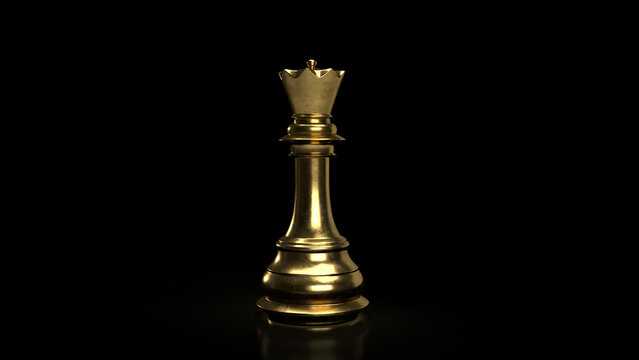 Gold queen chess, standing against black background. Chess game figurine. leader success business concept. Chess pieces. Board games. Strategy games. 3d illustration, 3d rendering