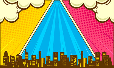 Colorful comic background with city silhouette and cloud © anggi wibisono