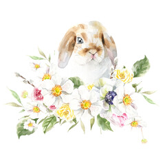 Watercolor farm animal bunny. Rabbit in pot, basket isolated cute spring flora animal. Nursery woodland illustration. Farmhouse Easter for baby shower invitation, nursery decor, print, greeting card