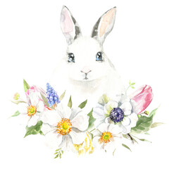 Watercolor farm animal bunny. Rabbit in pot, basket isolated cute spring flora animal. Nursery woodland illustration. Farmhouse Easter for baby shower invitation, nursery decor, print, greeting card