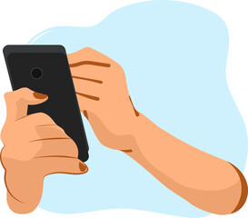 Mobile phone in hand, blue background. Icon with vector image of mobile technologies. Vector illustration