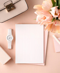Flat lay composition in pink tones for freelance girl. Workspace with stylish notebook, white watch, parfume vial and pastel tulip flowers. Blank card template.