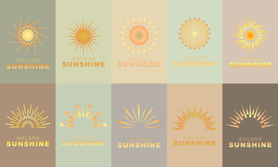 Golden sun and sunshine icon on pastel color background. Suitable for book covers, templates, layouts, and other design elements.