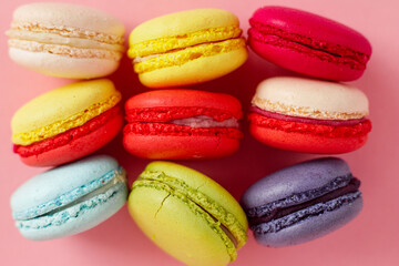Colourful macaroons or macaron close up view, French dssert background