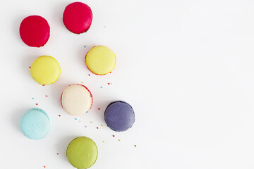 Sweet and colourful macaroons or macaron isolated on white, French dessert background