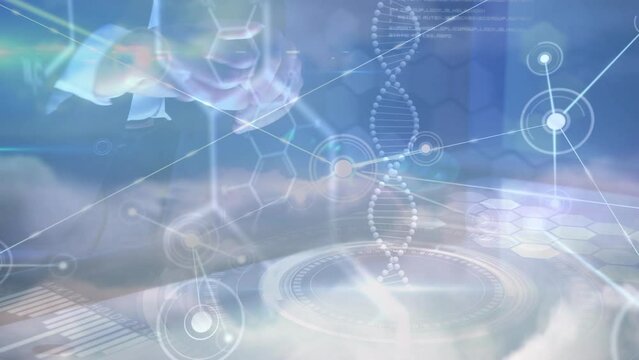 Animation of network of connections with icons over caucasian businessman and data processing