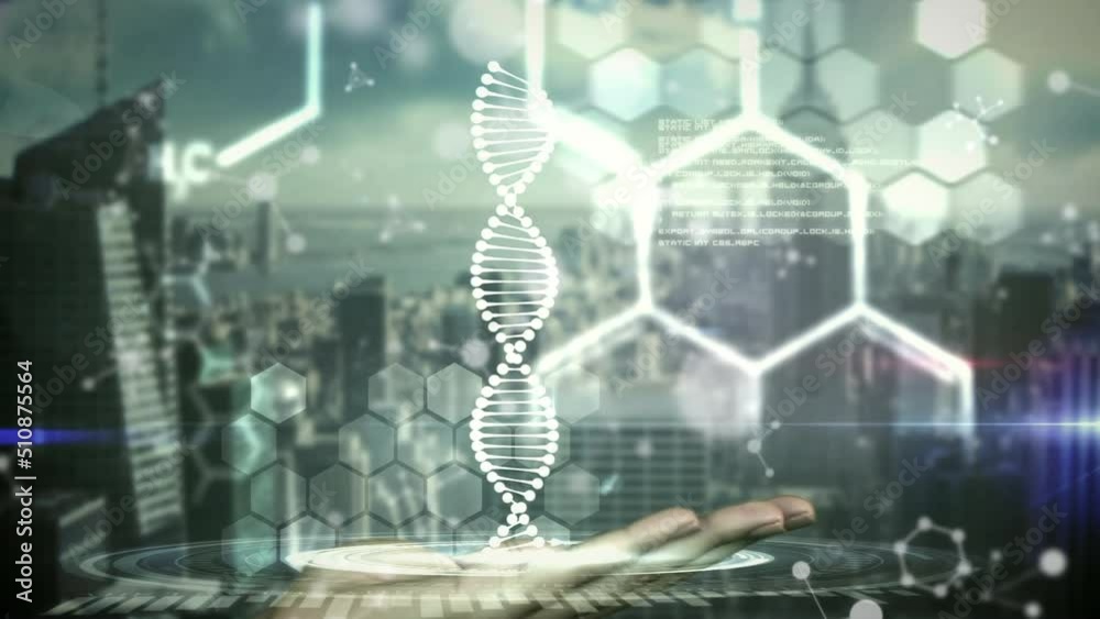 Poster Animation of dna strand over cityscape and data processing