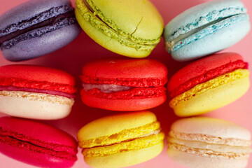Colourful macaroons or macaron close up view, French dssert background