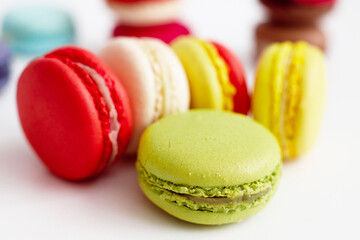 Sweet and colourful french macaroons or macaron close up view, Dessert.