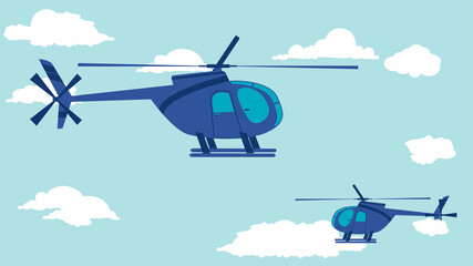 flat cartoon side view of helicopter in the sky