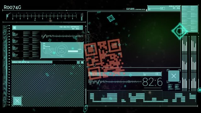 Animation of data processing and qr code over black background