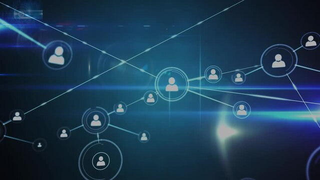 Animation of network of connections with icons over navy background
