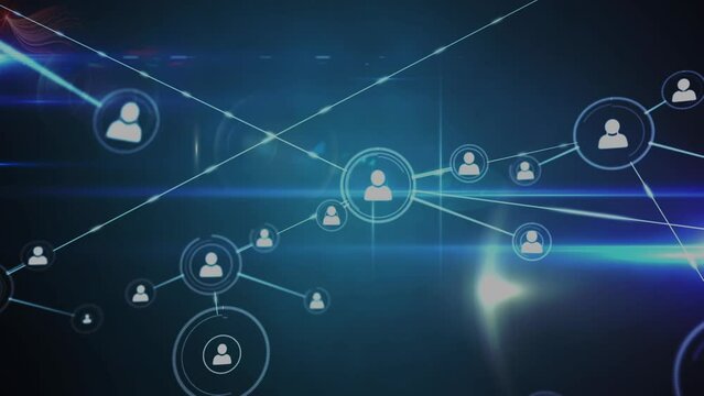 Animation of network of connections with icons over navy background