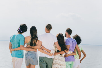 Rear behind photo of group friends embrace watch sea water enjoy warm weather free time outdoors