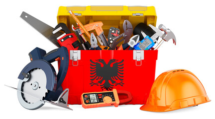 Albanian flag painted on the toolbox. Service, repair and construction in Albania, concept. 3D rendering