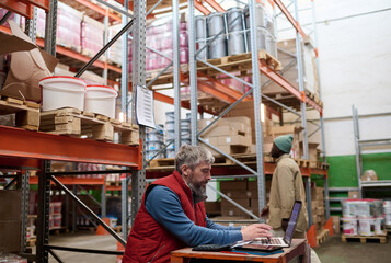 Mature bearded supervisor sitting at his workplace and typing on laptop during his work at...