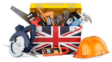British flag painted on the toolbox. Service, repair and construction in the Great Britain, concept. 3D rendering