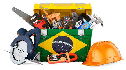 Brazilian flag painted on the toolbox. Service, repair and construction in Brazil, concept. 3D rendering