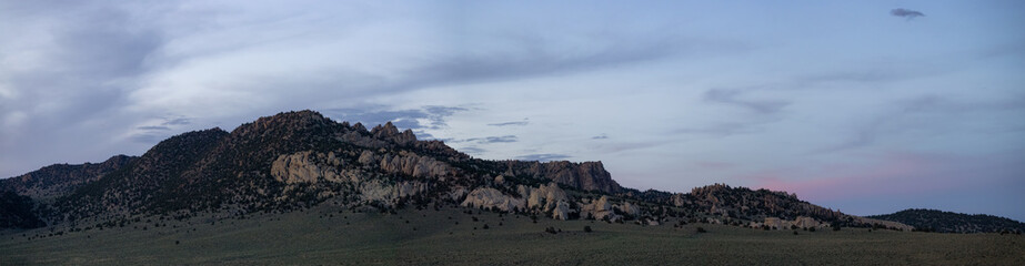 Panoramic View of Rocky Mountain Landscape. Colorful Sunset Sky. Granite Mountain near Lee Vining in California, United States of America. Nature Background Panorama