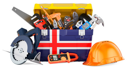 Fototapeta premium Icelandic flag painted on the toolbox. Service, repair and construction in Iceland, concept. 3D rendering