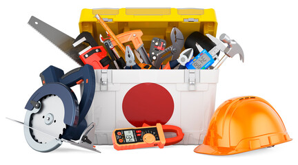Japanese flag painted on the toolbox. Service, repair and construction in Japan, concept. 3D rendering