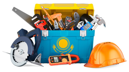 Kazakh flag painted on the toolbox. Service, repair and construction in Kazakhstan, concept. 3D rendering