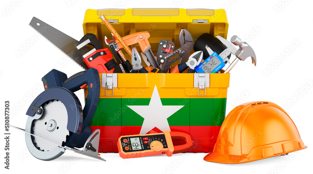 Wall mural Myanmar flag painted on the toolbox. Service, repair and construction in Myanmar, concept. 3D rendering